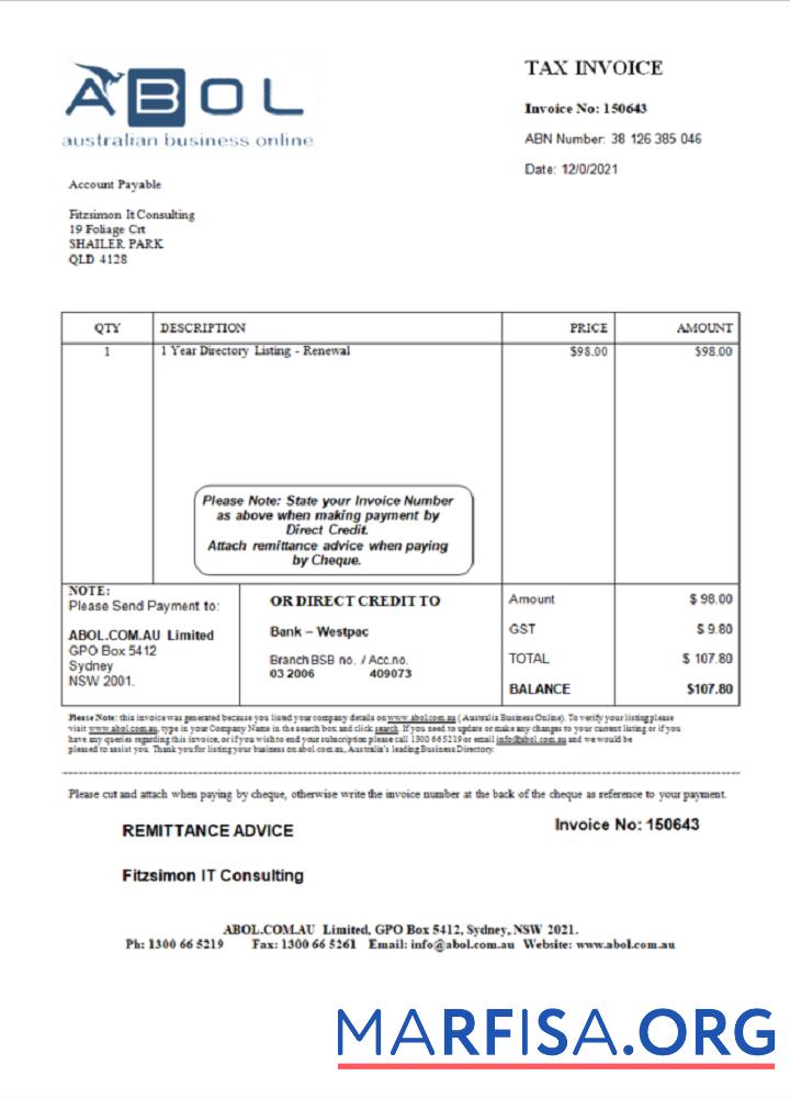 Printable Australia ABOL marketing consultancy company invoice sample